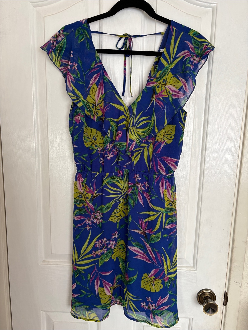 Divided Blue Tropical Floral V-Neck Dress